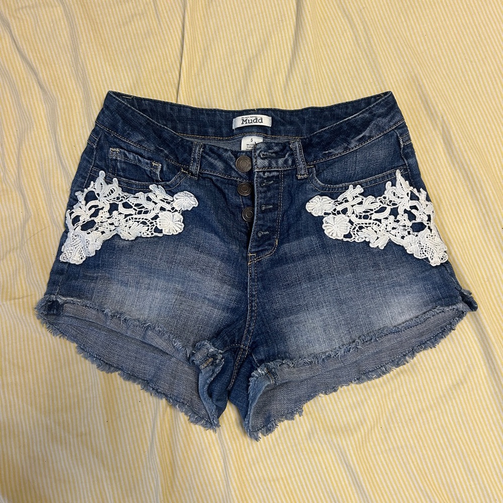 Mudd Blue Jean Shorts with White Lace Accents